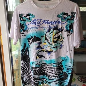 Ed Hardy White Tee with Turquoise, Black & Yellow Graphic